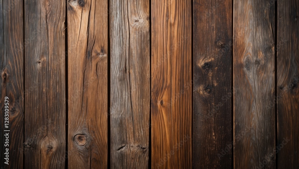 Weathered wooden planks in various shades of brown and gray with visible texture and knots arranged in a vertical pattern Weathered wooden planks in various shades of brown and gray with visible texture and knots arranged in a vertical pattern