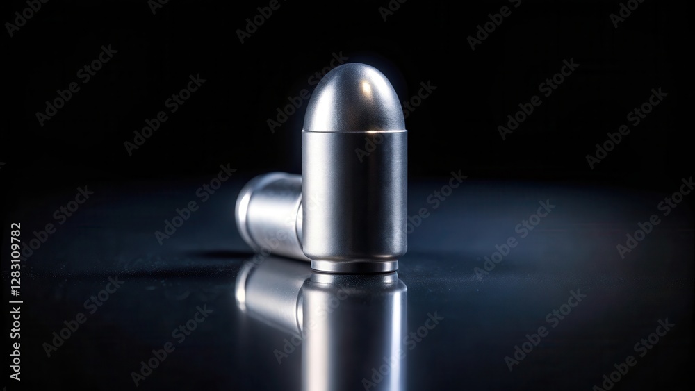 Small metal bullet with reflective surface, partially lit against a dark background, silver, object