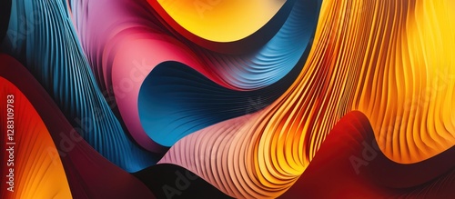 Vibrant abstract design showcasing soft flowing curves in warm reds oranges and cool blues with deep textures creating a captivating visual experience