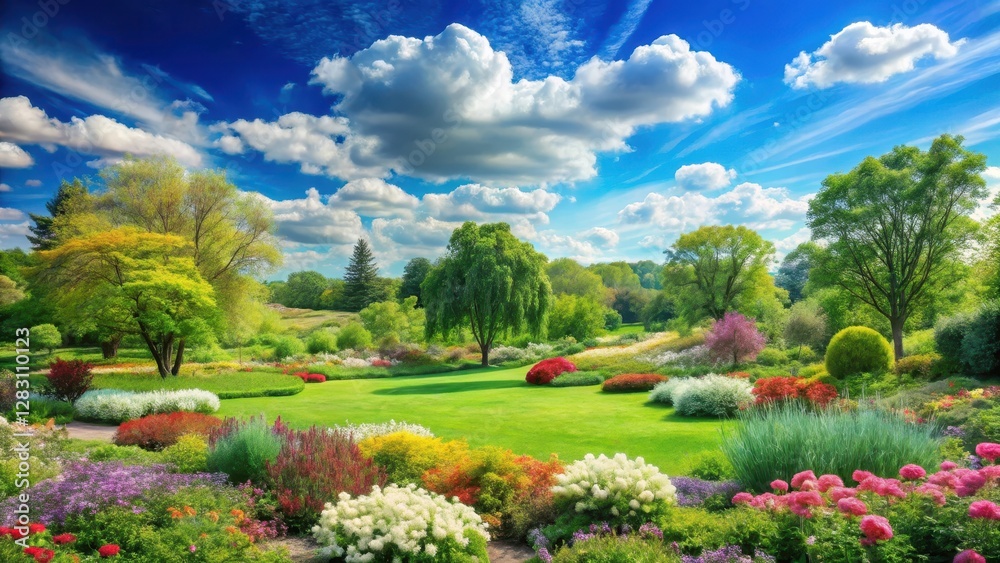 Fototapeta premium A serene landscape with a clear blue sky and fluffy white clouds