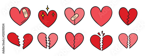 broken heart pink doodle hand drawn icon set. Outline drawing broken red hearts line clipart symbol collection