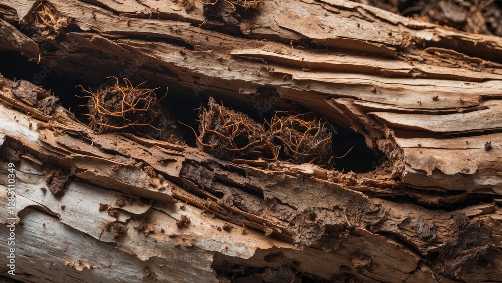 Close-up of decaying wood with visible roots embedded in bark textures and details of natural decomposition process Close-up of decaying wood with visible roots embedded in bark textures and details of natural decomposition process