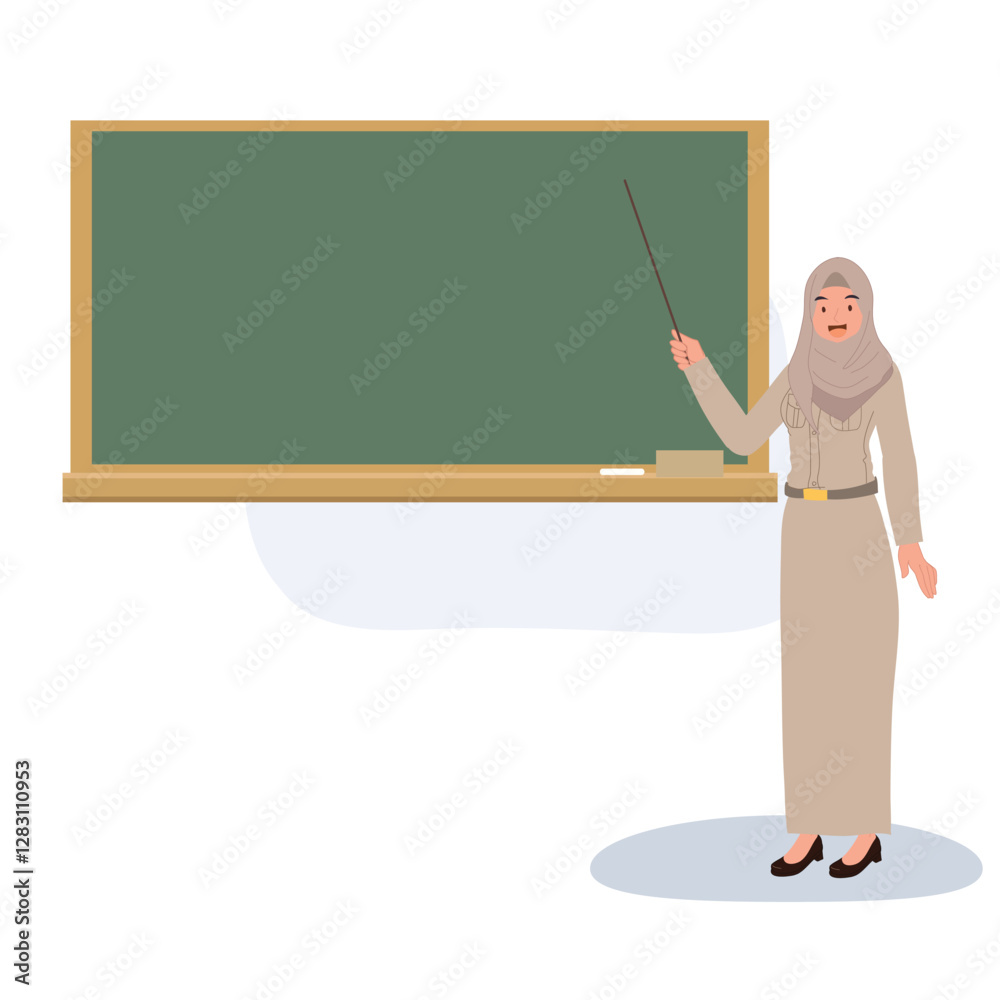 muslim woman teacher in thai uniform pointing at blackboard in classroom setting teaching students