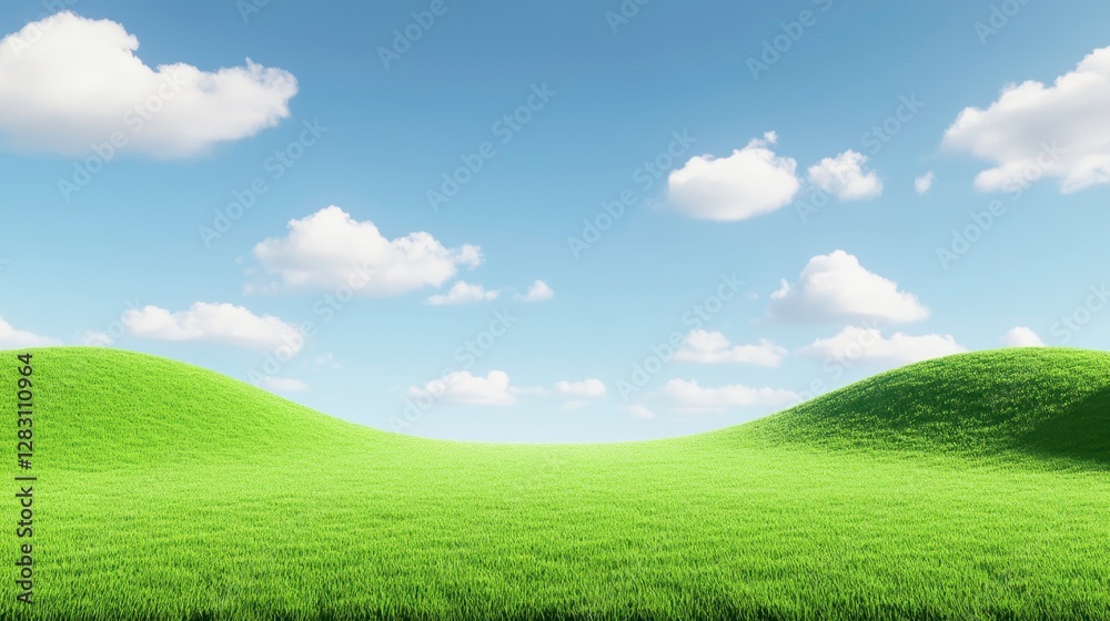 Fototapeta premium Vibrant green hills sunny day nature scene open space wide-angle view tranquil landscape for relaxation