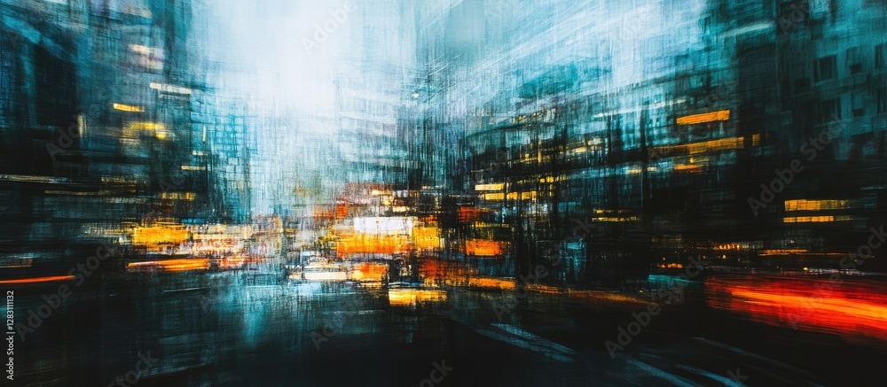 Fototapeta premium Nighttime urban skyline with blurred motion effects showcasing vibrant city lights in shades of blue and orange, emphasizing modern architecture.