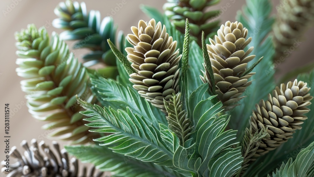 Pine cones and green foliage arrangement on a wooden background close-up plant decor natural elements Pine cones and green foliage arrangement on a wooden background close-up plant decor natural elements