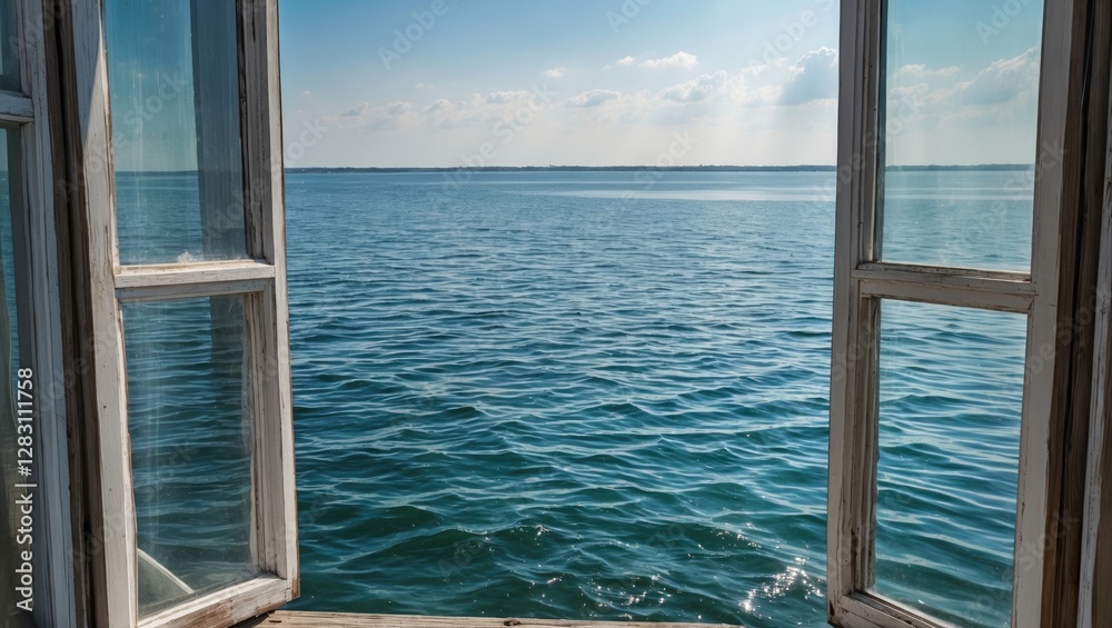 Fototapeta premium Serene waterfront view from an open window showcasing tranquil water and a clear sky, perfect for relaxation and escape.