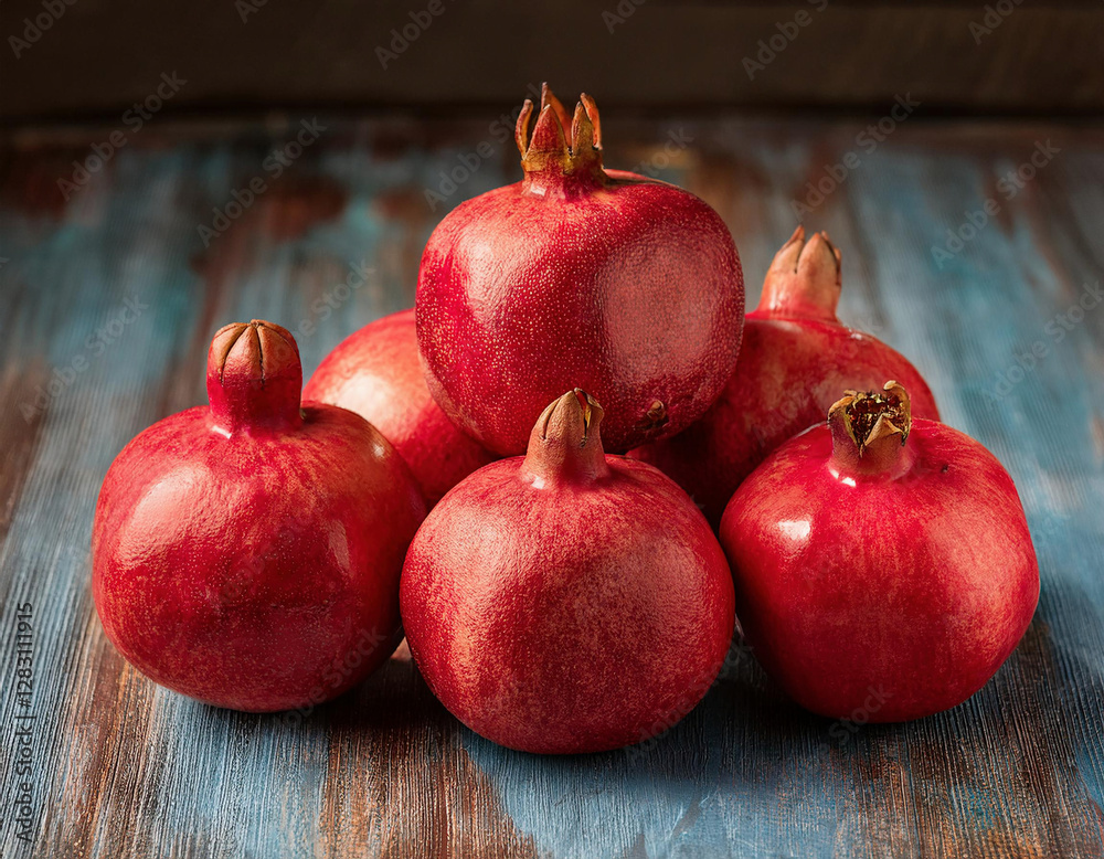A pile of fresh, ripe pomegranates with shiny red skin is arranged on a grunge wooden surface A pile of fresh, ripe pomegranates with shiny red skin is arranged on a grunge wooden surface