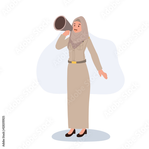 thai muslim teacher in government uniform using megaphone for education and communication, making school announcement