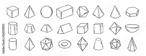 Three dimensional Hand Drawn Sketch Geometry Shapes. Doodle outline 3d geometry shapes. 