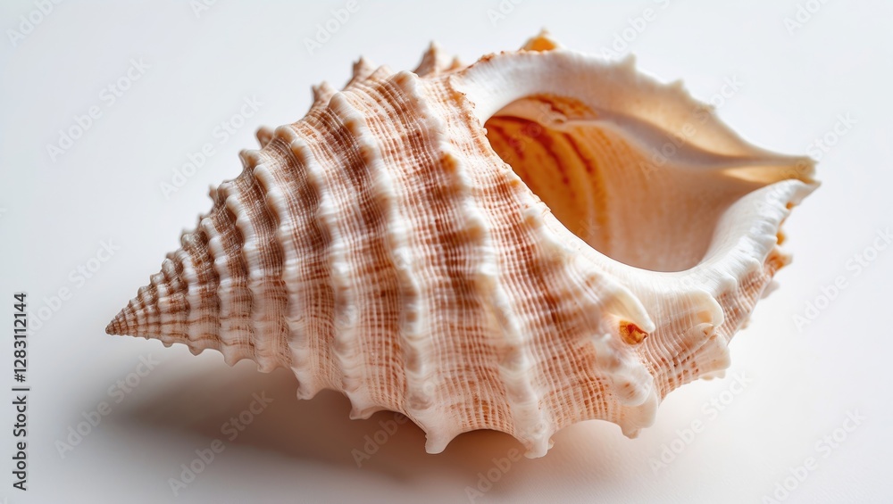 Detailed close-up of a large seashell with a spiral shape featuring ridges and a light beige color against a soft white background Detailed close-up of a large seashell with a spiral shape featuring ridges and a light beige color against a soft white background