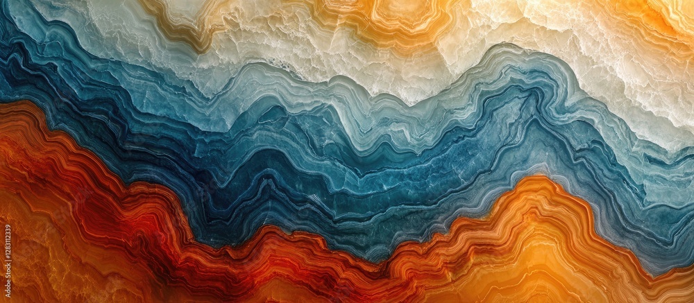 Obraz premium Gradient of multicolored marble ripples in warm orange blue and cream layered waves creating a vibrant abstract background design