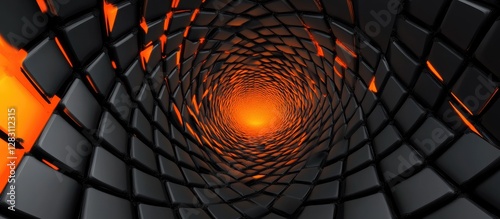 Abstract tunnel perspective view with dark geometric patterns in black and vivid orange light emanating from the center creating depth effect.