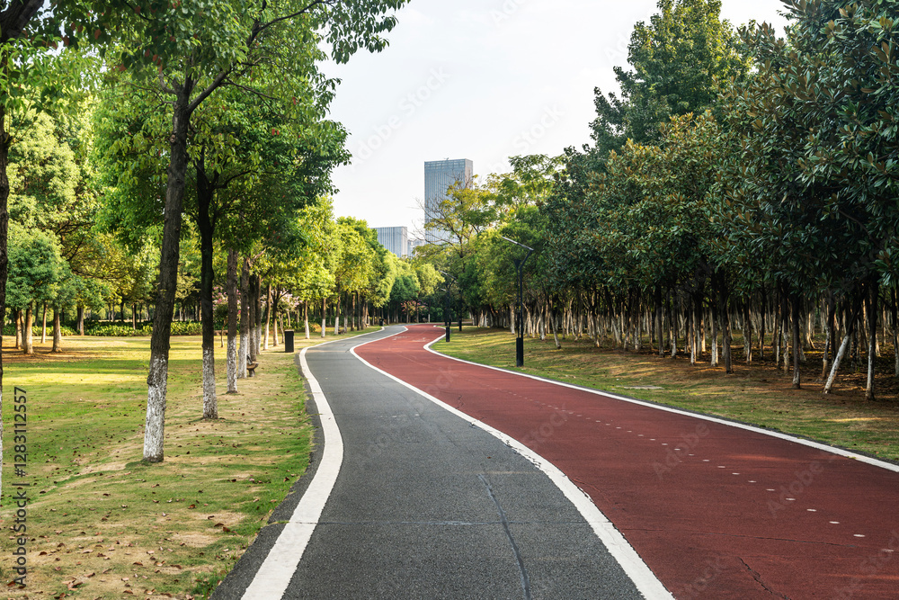 New pathway and beautiful trees track for running or walking and cycling relax in the park New pathway and beautiful trees track for running or walking and cycling relax in the park