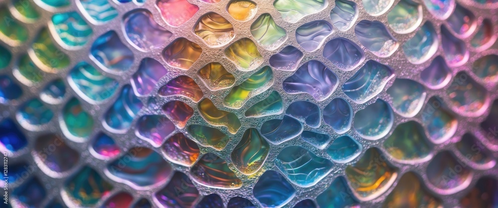 Colorful abstract texture with hexagonal patterns reflecting light vividly in a close-up view of a surface. Colorful abstract texture with hexagonal patterns reflecting light vividly in a close-up view of a surface.