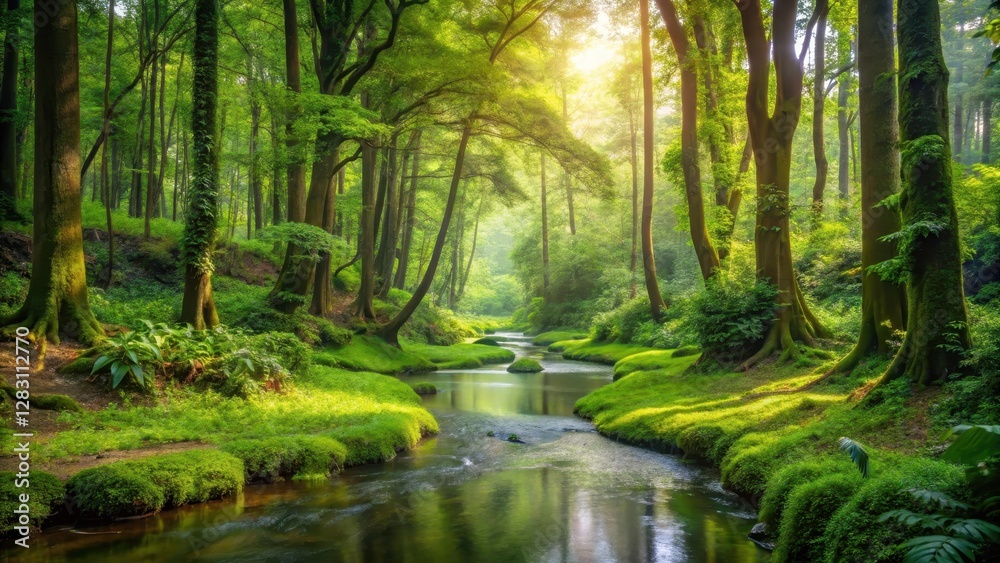 Fototapeta premium Sustainable forest with diverse tree species and a meandering stream flowing through it , environment, sustainable