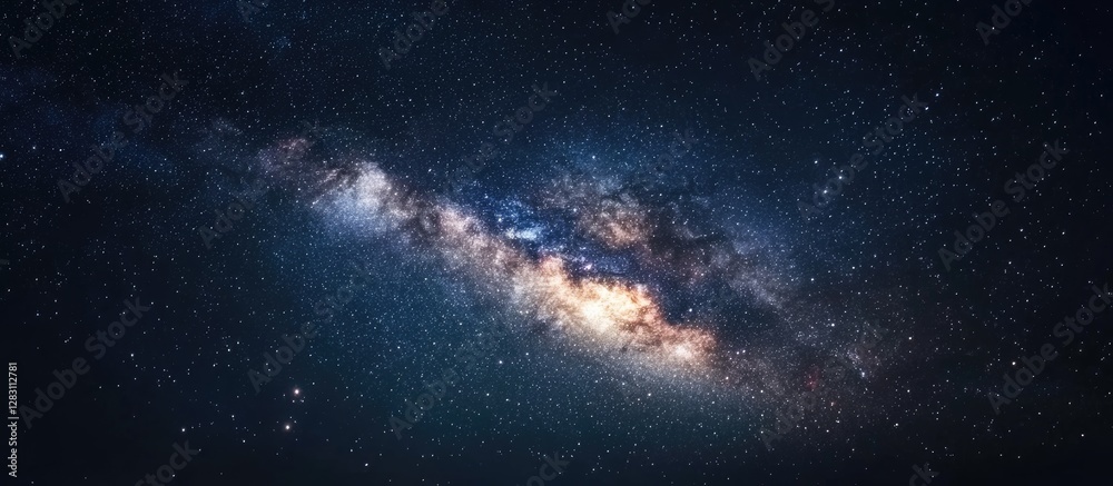Fototapeta premium Milky Way panorama with vibrant blues and subtle purples, showcasing bright star clusters centrally positioned against a dark night sky.