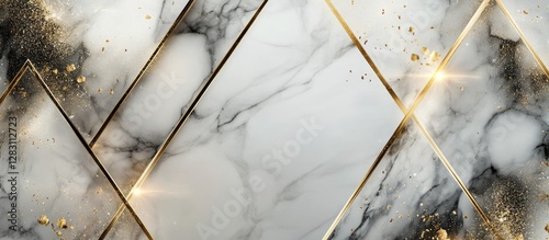 Elegant marble texture background featuring light gray and white tones, accented with gold geometric lines and subtle sparkling details.