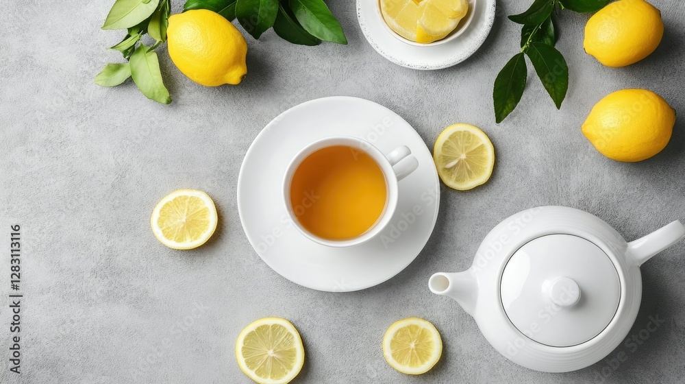 Aesthetic tea time with a white tea cup, a matching teapot, and sliced lemons, displayed on a grey stone background, top-down shot. Aesthetic tea time with a white tea cup, a matching teapot, and sliced lemons, displayed on a grey stone background, top-down shot.