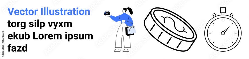 Woman holding a cupcake and shopping bag alongside a large coin and stopwatch icon. Ideal for finance, time management, retail, shopping, savings, e-commerce, and marketing. Perfect for flat landing