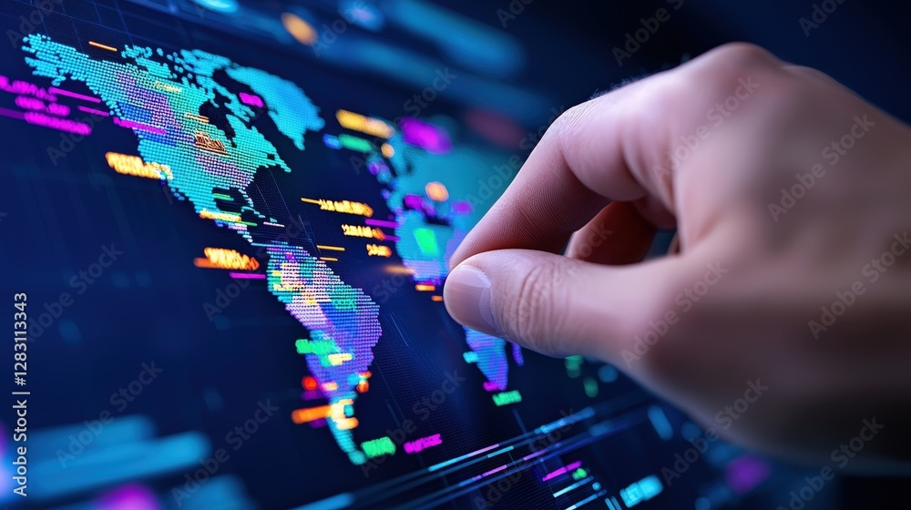 Obraz premium A hand interacts with a colorful digital world map, showcasing data visualization and technology.