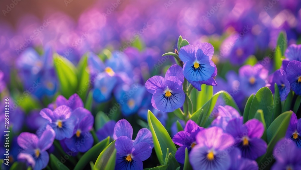Purple pansy flowers in a vibrant garden setting with lush green leaves and a soft focus background.