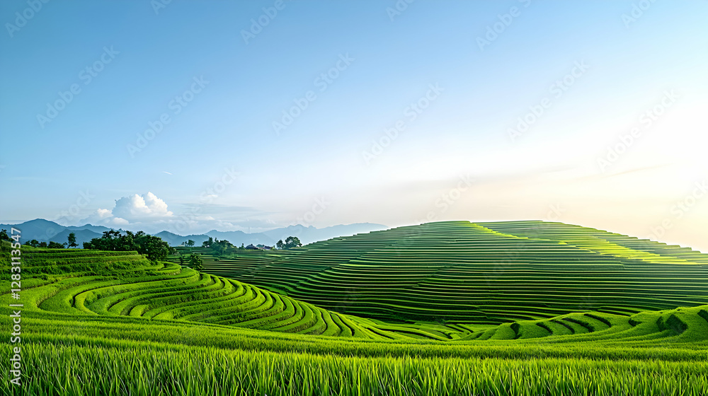 Fototapeta premium Green Terraced Fields Under Blue Sky Illuminated By Sunlight During Daytime