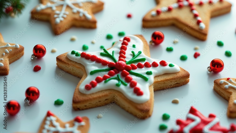 Decorated star-shaped sugar cookies with festive icing and red and green sprinkles on a white surface with Christmas ornaments Decorated star-shaped sugar cookies with festive icing and red and green sprinkles on a white surface with Christmas ornaments