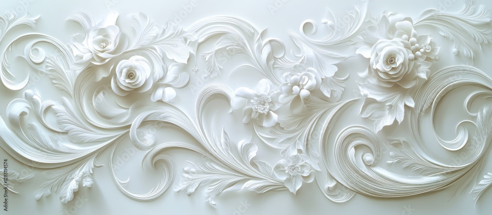 Elegant white floral and swirling decorative patterns on a textured backdrop evoke nostalgia and charm with intricate detail and smooth curves. Elegant white floral and swirling decorative patterns on a textured backdrop evoke nostalgia and charm with intricate detail and smooth curves.