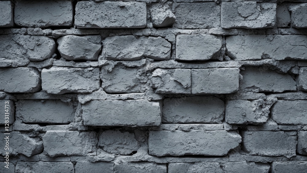 Fototapeta premium Gray textured brick wall with uneven surface and rough mortar between the stones, ideal for industrial and architectural backgrounds.