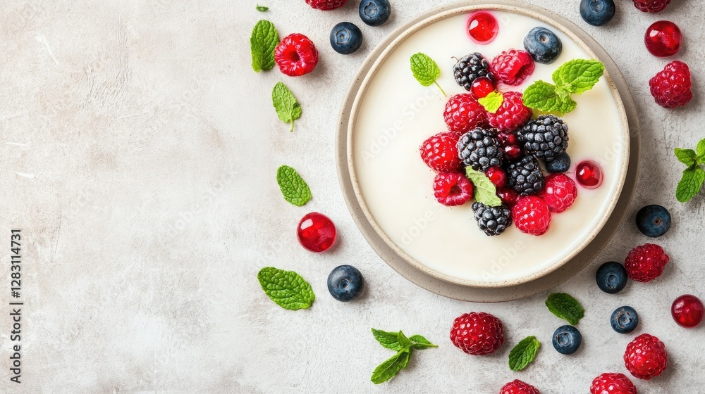 Classic panna cotta with a smooth texture, topped with fresh berries and mint, elegantly plated with space for text on a neutral background. Classic panna cotta with a smooth texture, topped with fresh berries and mint, elegantly plated with space for text on a neutral background.