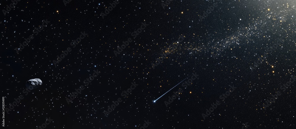 Fototapeta premium A serene cosmic scene featuring a distant planet on the left, a bright comet streaking across a star-studded dark space background.
