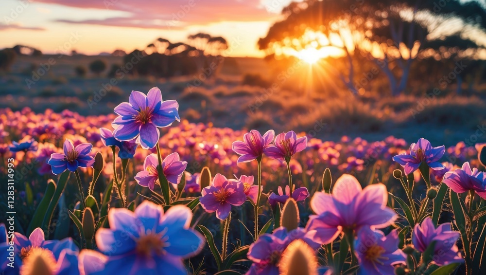 Fototapeta premium Field of pink and purple flowers during sunset with soft lighting and trees in background in nature landscape scene