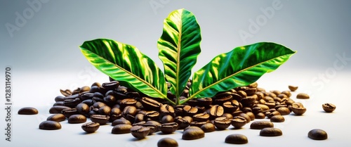 Coffee plant leaves on roasted coffee beans with a gradient background lighting