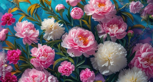 Fototapeta Naklejka Na Ścianę i Meble -  Colorful floral arrangement featuring various peonies and leafy greens on a vibrant blue background