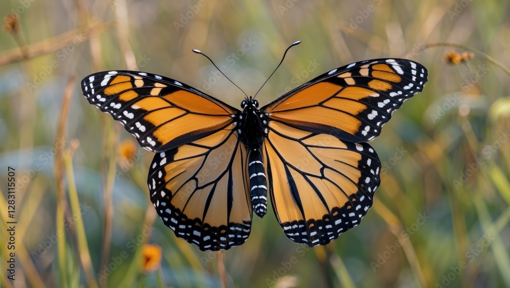 Obraz premium Monarch butterfly perched on plant with blurred natural background displaying vibrant orange and black wings under sunlight