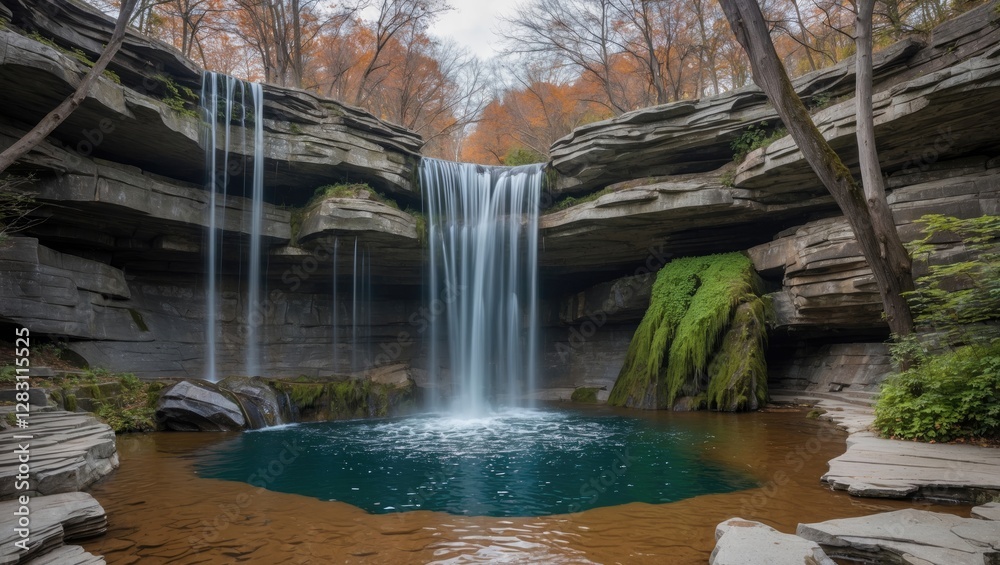Naklejka premium Waterfall cascading into a tranquil pond surrounded by autumn foliage and rocky cliffs in a natural landscape setting.