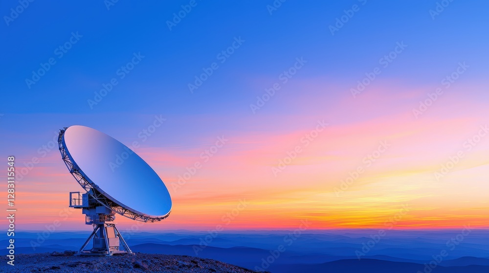 A large satellite dish stands on a hilltop, illuminated by a vibrant sunset sky, showcasing a blend of blue and orange hues. A large satellite dish stands on a hilltop, illuminated by a vibrant sunset sky, showcasing a blend of blue and orange hues.
