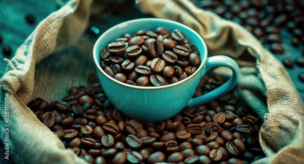 Fototapeta premium Coffee beans in a blue cup surrounded by scattered coffee beans on a wooden surface with burlap fabric.
