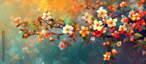 Vibrant spring blossoms adorn decorative branches in soft oranges and whites against a soothing blue and green background, representing nature's beauty.