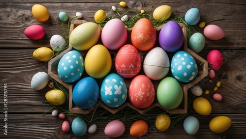Colorful decorated Easter eggs arranged in a wooden tray on a rustic wooden background with small decorative eggs and green grass.