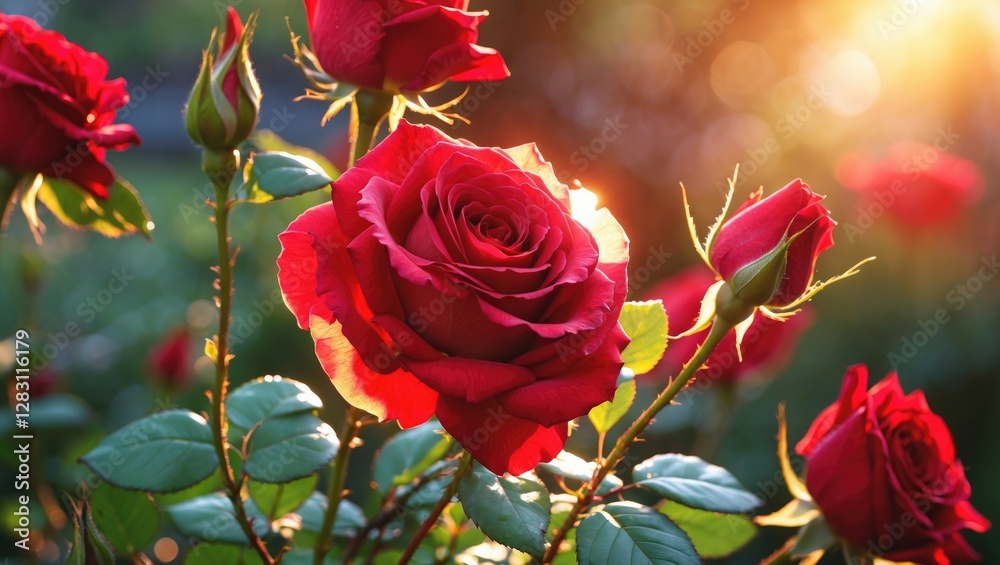 Red roses in full bloom with green leaves and soft sunlight illuminating the background in a natural garden setting. Red roses in full bloom with green leaves and soft sunlight illuminating the background in a natural garden setting.