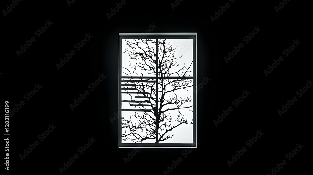 Abstract Monochrome Window View of Tree Branches Against Black Backdrop Abstract Monochrome Window View of Tree Branches Against Black Backdrop