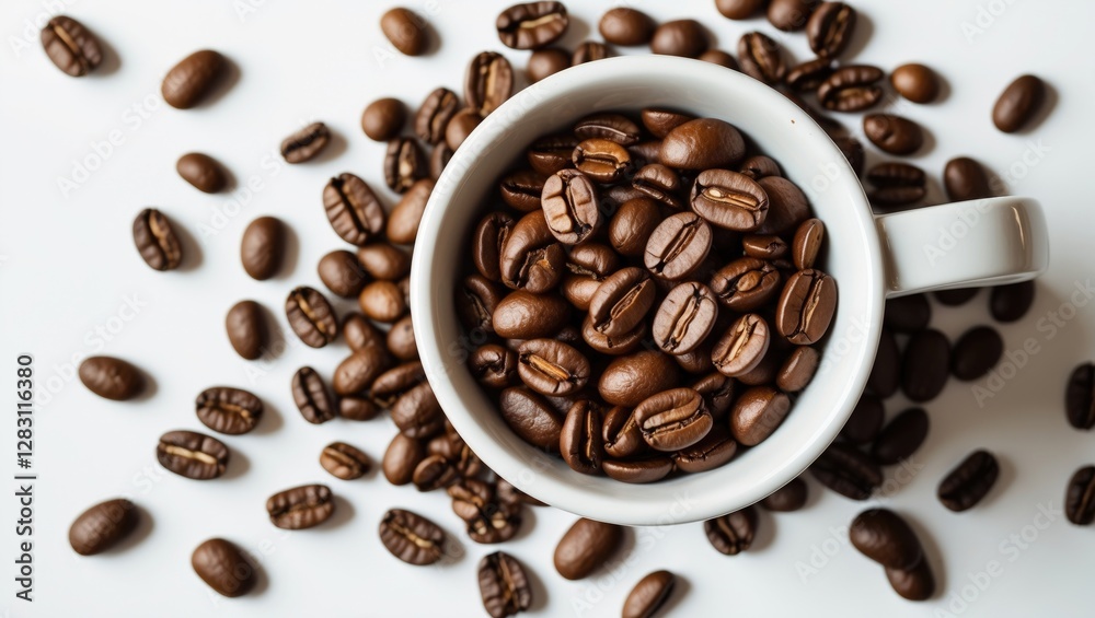 Obraz premium Coffee beans in white cup with scattered beans on a white surface top view close-up