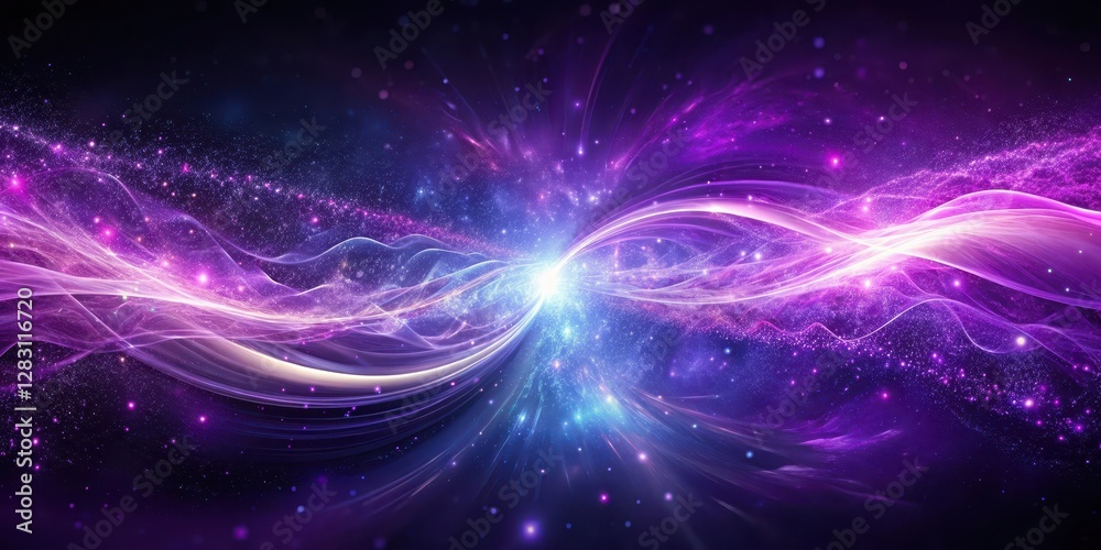 Fototapeta premium Vibrant purple energy wave merges with cosmic particles in a swirling abstract background, evoking the infinite possibilities of the universe, celestial, mystical