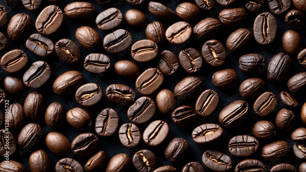 Close-up of assorted roasted coffee beans on a dark background with varied shapes and shades of brown highlighting their texture