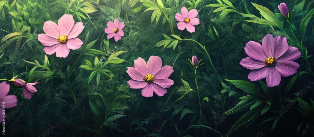Tranquil composition features soft pink cosmos flowers with vivid green leaves in a serene setting evoking calmness and natural beauty Tranquil composition features soft pink cosmos flowers with vivid green leaves in a serene setting evoking calmness and natural beauty