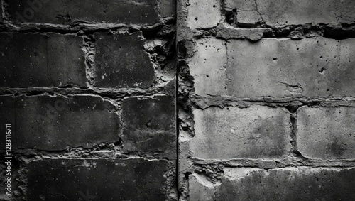 Textured gray concrete wall with exposed brickwork showing imperfections and cracks, monochrome background. photo