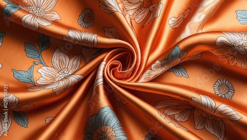 Floral patterned fabric in vibrant orange and blue tones arranged in a spiral, showing texture and design detail. photo