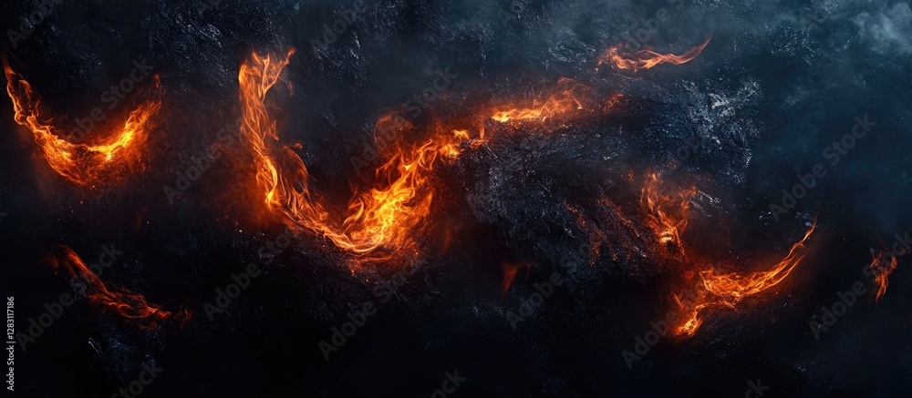 Vivid flames in shades of orange and yellow dance against a dark smoky background creating dynamic textures and captivating patterns. Vivid flames in shades of orange and yellow dance against a dark smoky background creating dynamic textures and captivating patterns.
